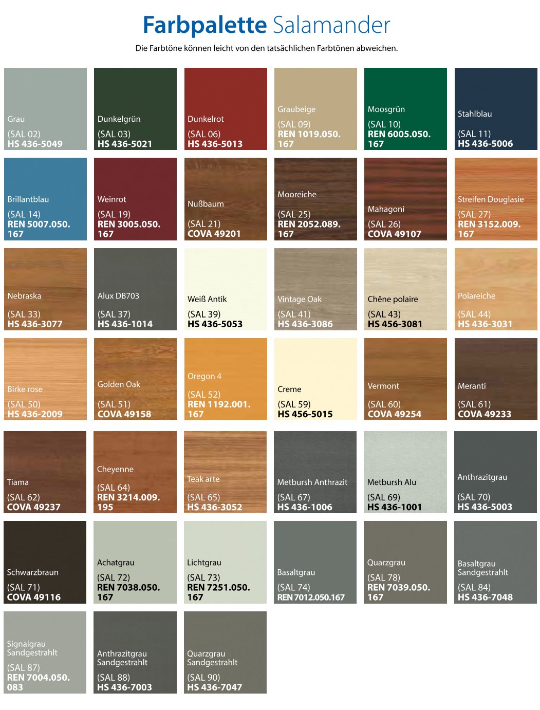 Salamander Farbpalette – Dekorfolien und Farboptionen für Kunststofffenster bluEvolution 82